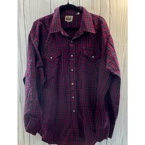 ELY Cattleman Men XXL Red Plaid Pearl Snap Long Sleeve Button Shirt Western